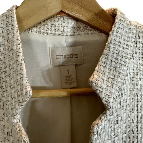 Chico’s Ivory Gold Metallic Embellished Trim Textured Open Jacket - Picture 7 of 14